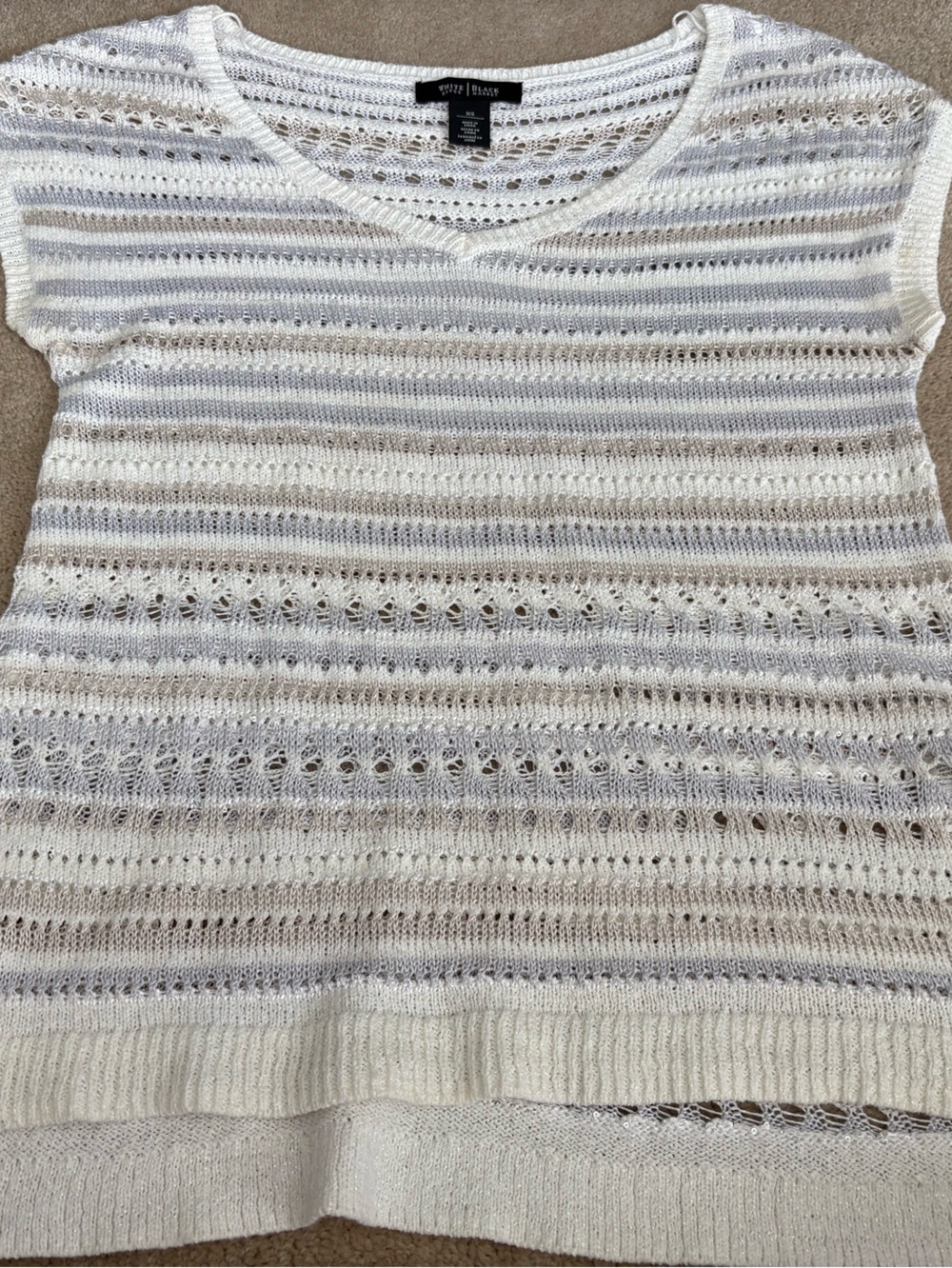 White House Black Market White and Light Gray Open-Knit Striped Sweater Top